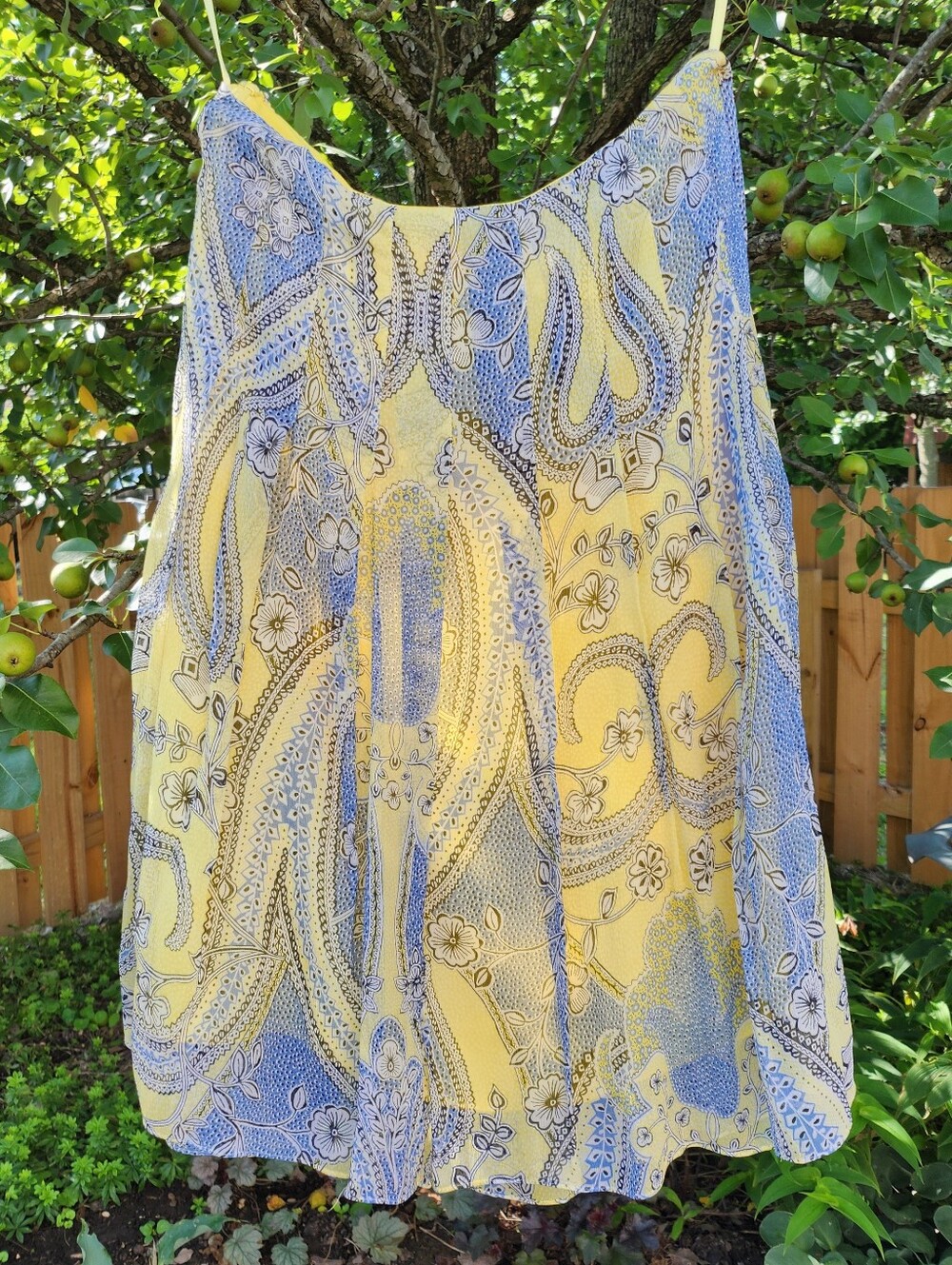 Anne Klein 100% Silk Butter Yellow and Blue Paisley A-Line Skirt